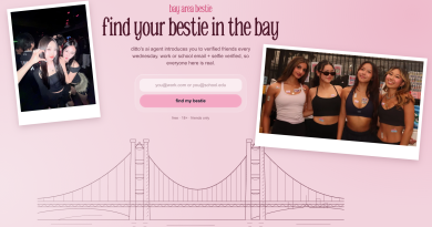 Ditto AI friendship matching service Bay Area Bestie, showing its website with photos of friends and a sign-up form.