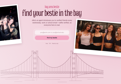 Ditto AI friendship matching service Bay Area Bestie, showing its website with photos of friends and a sign-up form.