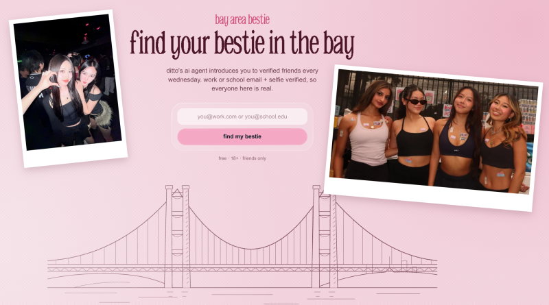 Ditto AI friendship matching service Bay Area Bestie, showing its website with photos of friends and a sign-up form.