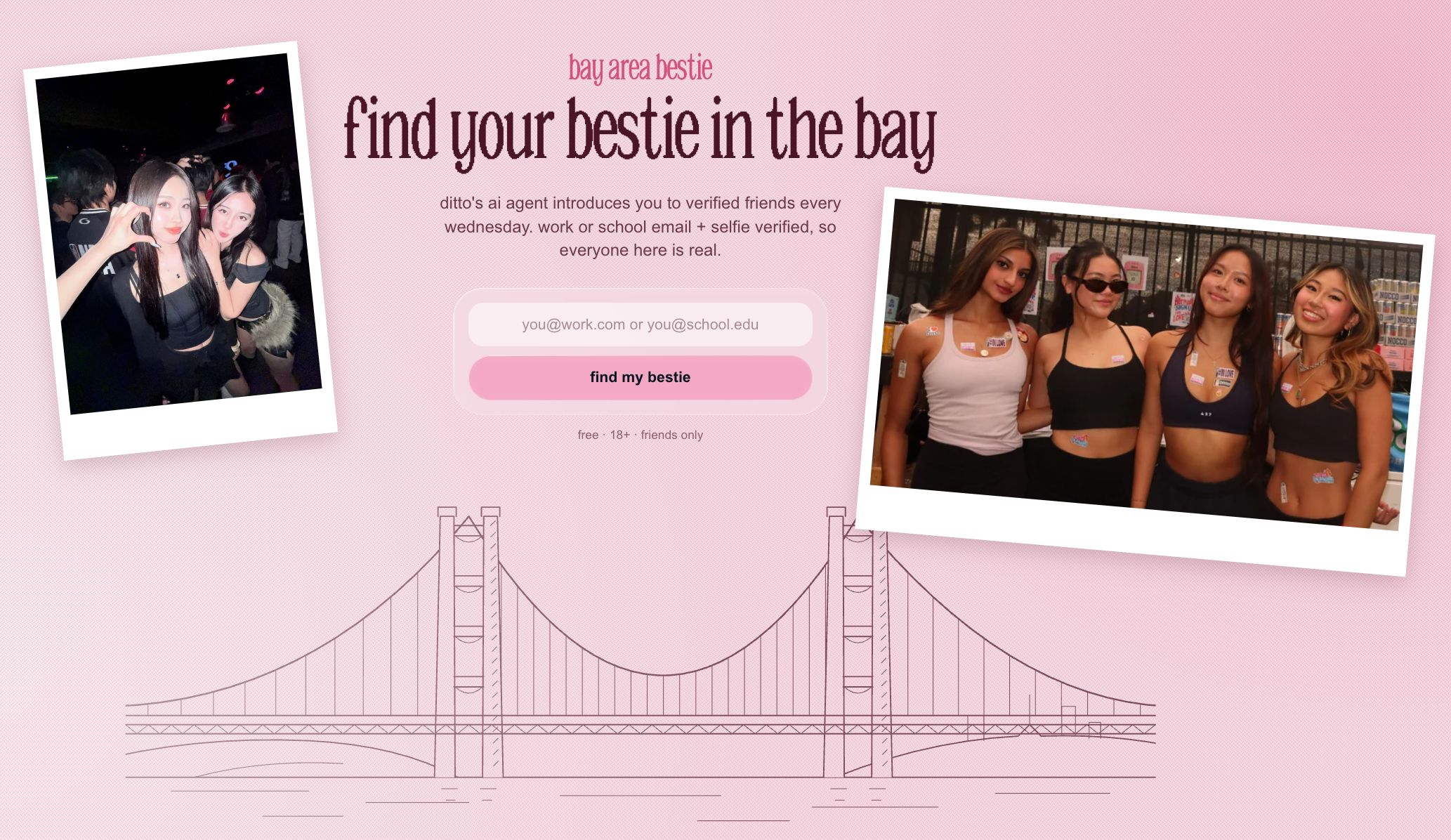 Ditto AI friendship matching service Bay Area Bestie, showing its website with photos of friends and a sign-up form.