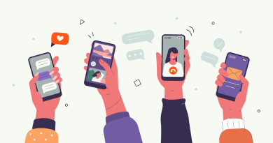 Illustration of people using friendship apps on smartphones to chat, connect and make new friends.
