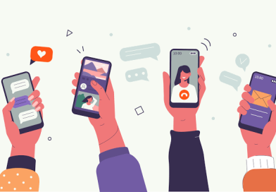 Illustration of people using friendship apps on smartphones to chat, connect and make new friends.