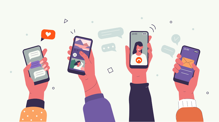 Illustration of people using friendship apps on smartphones to chat, connect and make new friends.