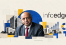 Info Edge corporate graphic featuring its logo, executive portrait and financial growth charts.