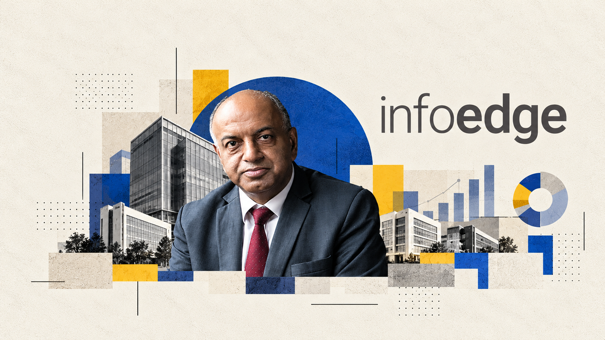 Info Edge corporate graphic featuring its logo, executive portrait and financial growth charts.