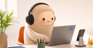 Meta Muse AI Assistant mascot wearing headphones at a desk with a laptop and smartphone.