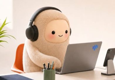 Meta Muse AI Assistant mascot wearing headphones at a desk with a laptop and smartphone.