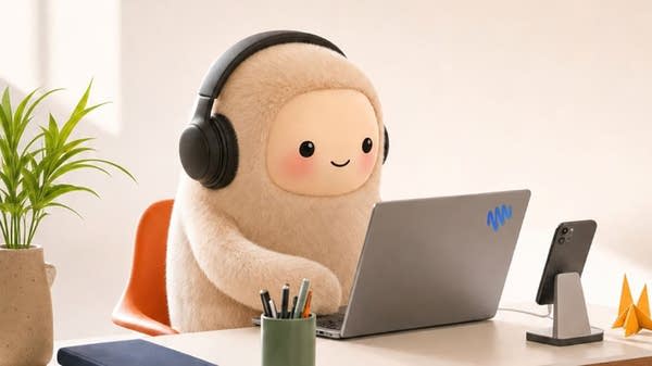 Meta Muse AI Assistant mascot wearing headphones at a desk with a laptop and smartphone.